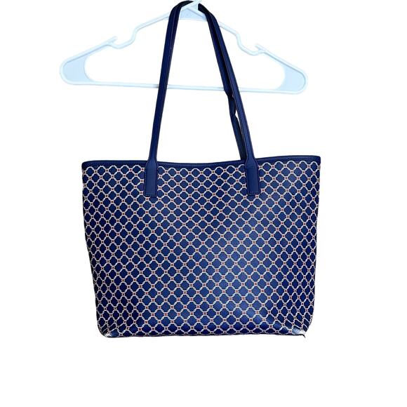 Talbots Printed Saffiano Tote Bag Blue White Red Weave - Picture 2 of 15